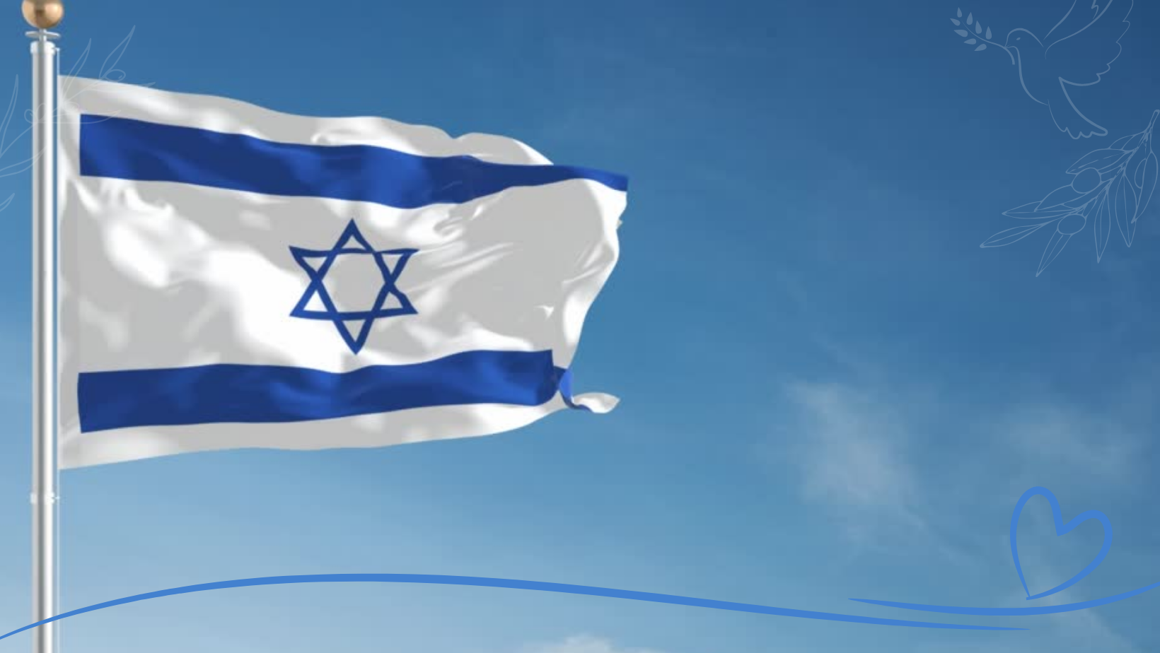The Israeli flag waves against a bright blue sky, featuring a blue Star of David between two horizontal blue stripes on a white background.