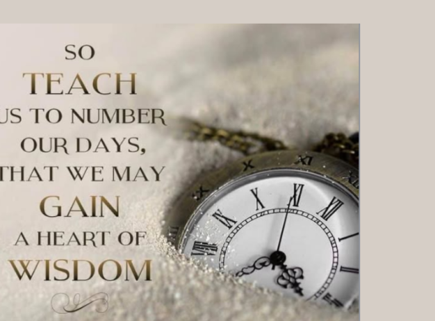 A pocket watch partially buried in sand is next to an inspirational quote about gaining wisdom by valuing time. The tone is reflective and contemplative.