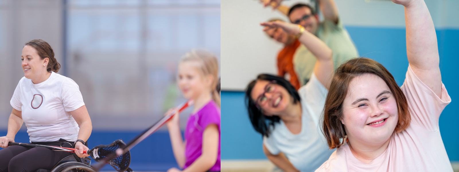 A woman in a wheelchair engages a child in a sports activity, while a group of people participate in a cheerful exercise class, conveying joy and inclusion.
