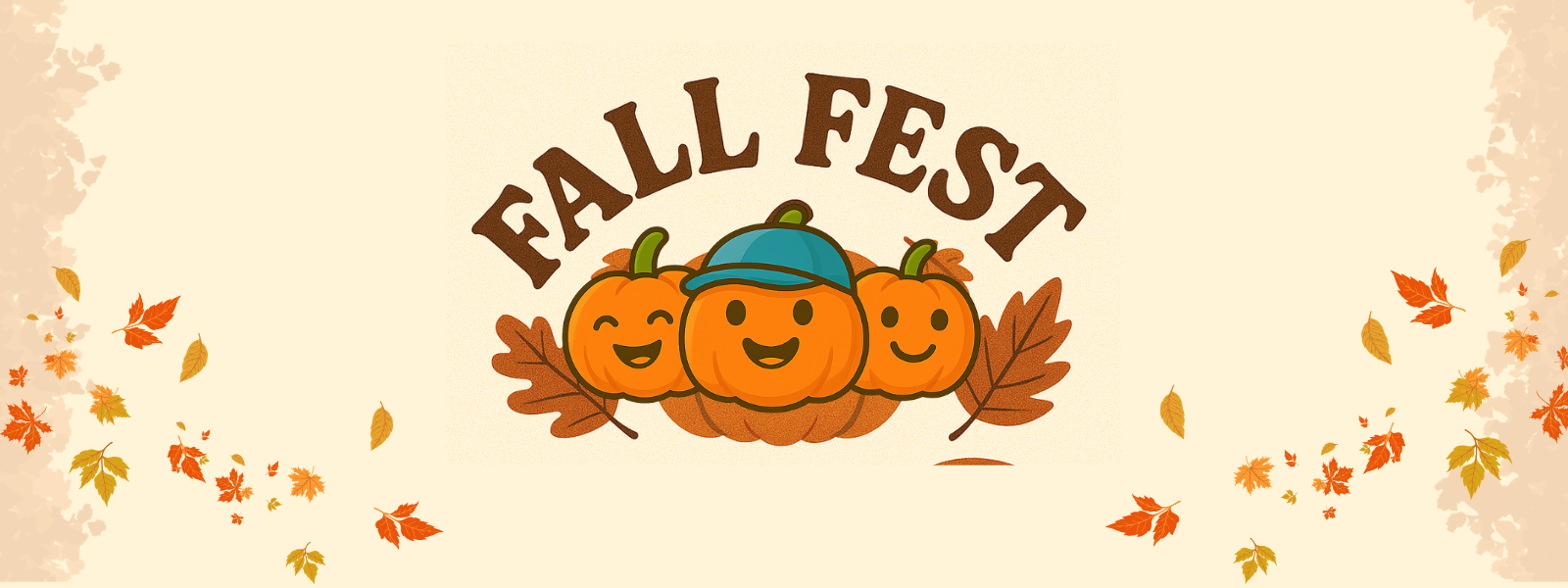 Alt text: "Fall Fest banner with three smiling pumpkins, the middle pumpkin wearing a blue cap. Surrounded by autumn leaves on a light background."