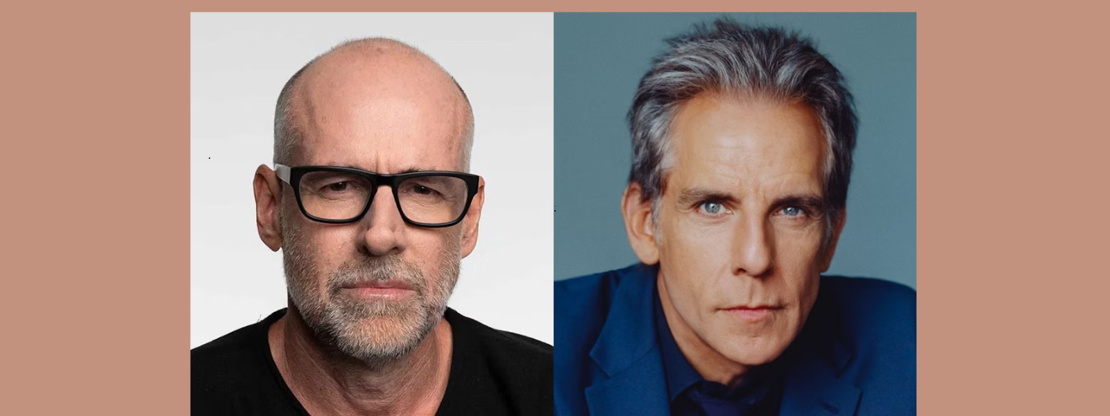 Two men are shown side by side. The man on the left wears glasses and has a serious expression, while the man on the right has a calm demeanor and wears a blue suit. The background is neutral.