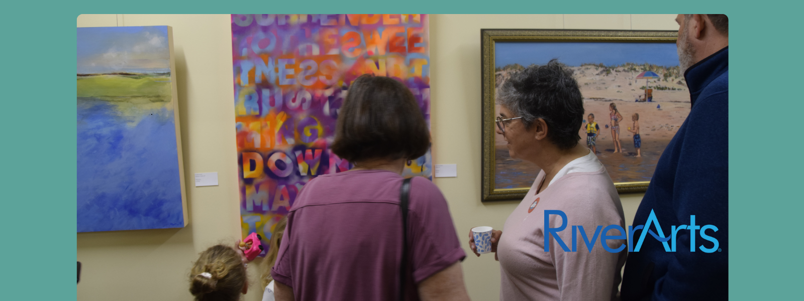 A group of people admires colorful abstract and beach-themed paintings at an art exhibit. The scene is lively and engaging, with a focus on art appreciation.