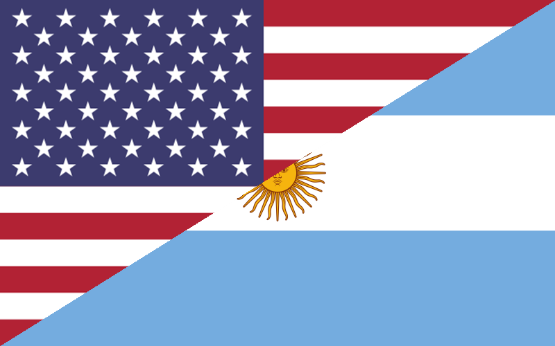A split image of the U.S. flag and Argentine flag, diagonally merging at the center. An emblem with a sun is visible where they intersect, symbolizing unity.