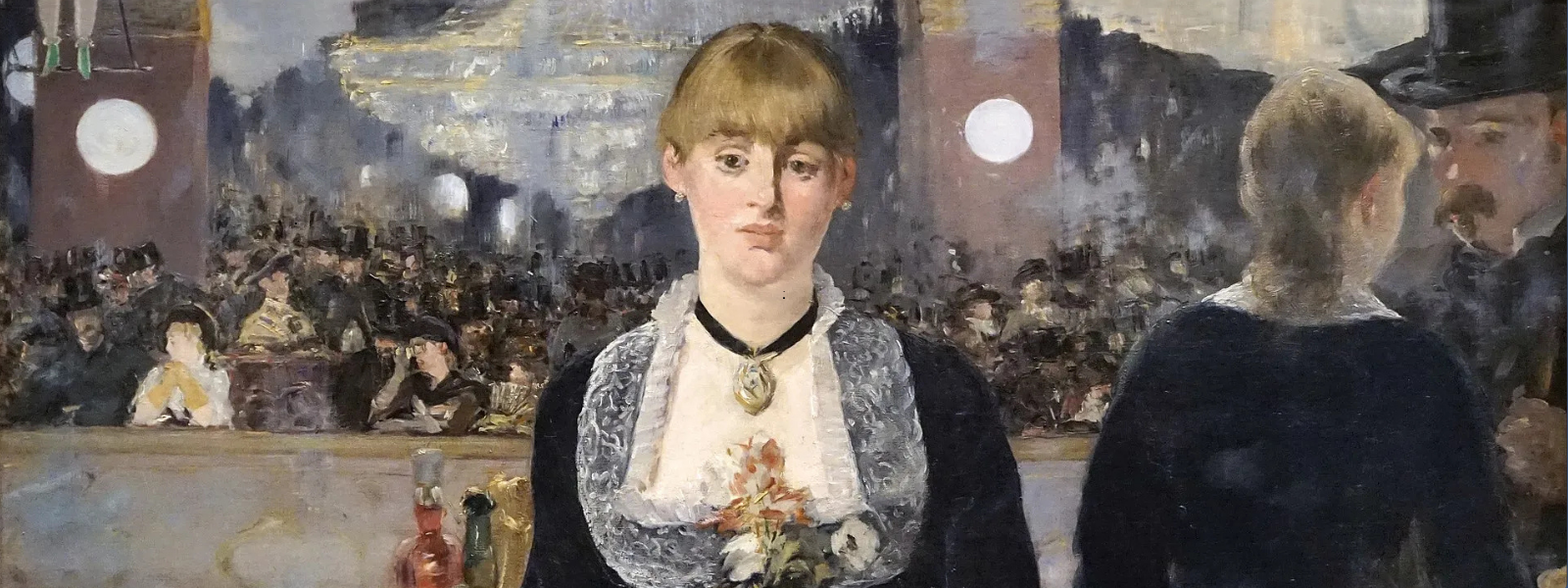 A woman stands at a bar holding flowers, with a somber expression. A mirror behind reflects the bustling café and patrons, creating a lively atmosphere.