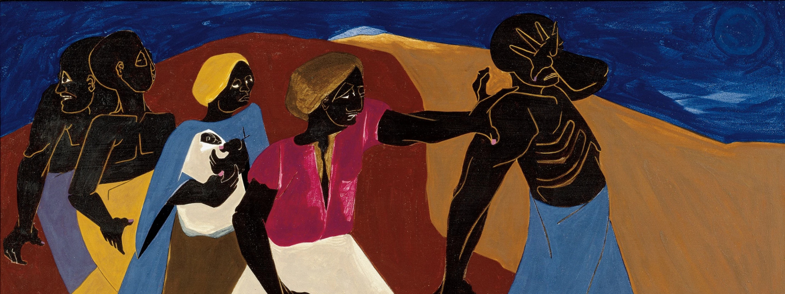 A group of five figures in a stylized, vibrant scene. Three women, one holding a child, walk assertively, while another gestures forward, suggesting strength and determination.