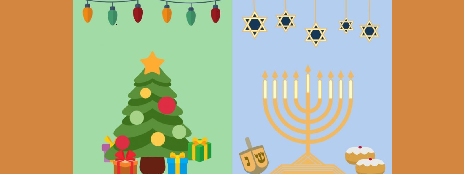 Illustration split in half: Christmas tree with lights and gifts on the left; menorah, Star of David, dreidel, and sufganiyot on the right, symbolizing holiday celebrations.
