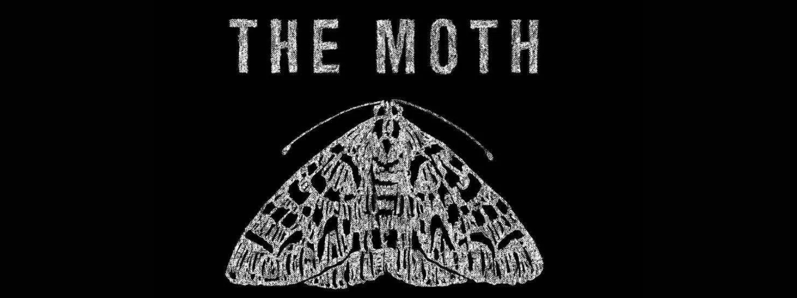 Chalk-drawn moth with intricate wing patterns centered on a black background. Bold white text above reads "THE MOTH," conveying simplicity and elegance.