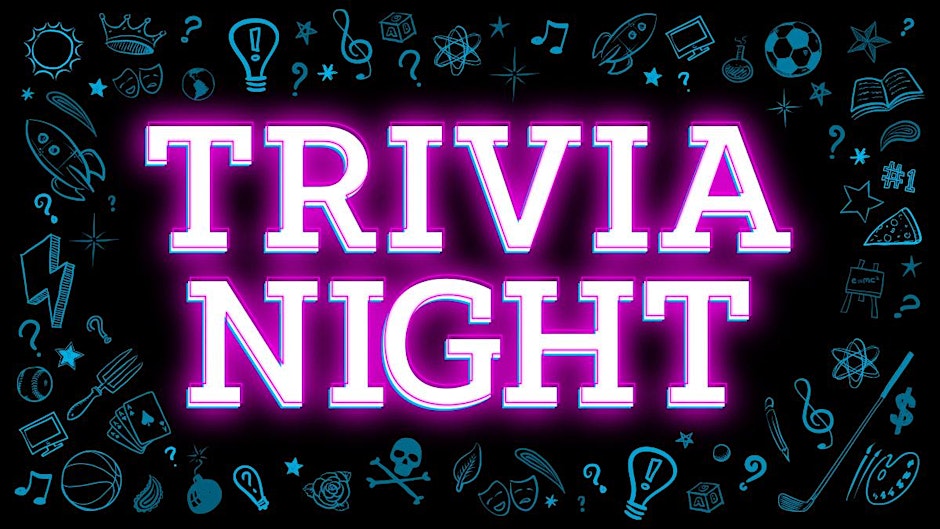 Neon purple "Trivia Night" text is centered on a black background, surrounded by doodles of icons like a light bulb and musical notes, creating a fun, engaging vibe.